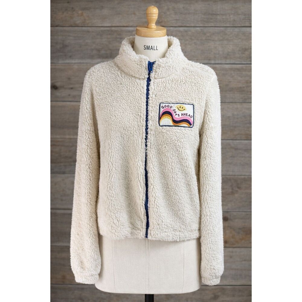 Grayson Threads Sherpa Fleece Jacket Small Zip Up Cozy Good Days Ahead White